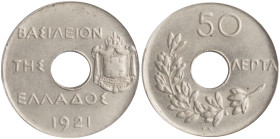GREECE. Constantine I, second reign, 1920-1922. 50 Lepta 1921 (Copper-Nickel, 25 mm, 7.00 g, 6 h), King's Norton mint = Nobel Industries (Birmingham),...