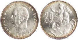 GREECE. Paul I, 1947-1964. 20 Drachmai 1960 (Silver, 26 mm, 7.50 g, 6 h), London, from dies by Basil Falireas, inscribed edge. ΠΑΥΛΟΣ ΒΑΣΙΛΕΥΣ ΤΩΝ ΕΛΛ...