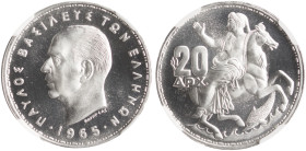 GREECE. Paul I, 1947-1964. Proof 20 Drachmai 1965 (Silver, 26 mm, 7.50 g, 6 h), London, from dies by Basil Falireas, inscribed edge. ΠΑΥΛΟΣ ΒΑΣΙΛΕΥΣ Τ...