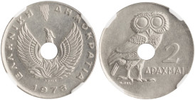 GREECE. The Colonels' "Democracy", 1973-1974. 2 Drachmai 1973 (Copper-Nickel, 21 mm, 12 h), Athens, dies by I. Stinis and N. Perantinos. ΕΛΛΗΝΙΚΗ ΔΗΜΟ...