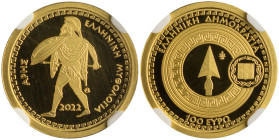 GREECE. Third Greek Republic, 1974-present. 100 Euro 2022 (Gold, 17.5 mm, 3.89 g, 12 h), Greek Gods series: Ares, Athens, struck from dies by M. Anton...