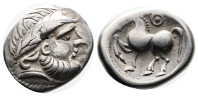 Celts in Eastern Europe, circa 3rd century BC. Silver Tetradrachm (24 mm, 11.77 g.). „Kugelwange” Type. Celticised, bearded head wearing reversed laur...
