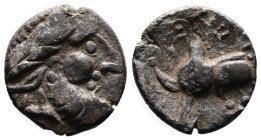 Middle Danube Tribes ''Kugelwange" type. Silver Tetradrachm (21 mm, 5,23 g.). Imitating the types of Philip II of Macedon. 3rd. Century BC. Celticized...