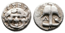 Thrace. Apollonia Pontica, circa 470-435 BC. Silver Drachm ( 14 mm, 3.27 g.). Facing Gorgoneion with tongue protruding, serpents around. Rev. Upright ...