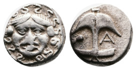 Thrace. Apollonia Pontica, 5th century BC. Silver Drachm ( 14 mm, 3.25 g.). Facing Gorgoneion with tongue protruding, serpents around. Rev. Upright an...