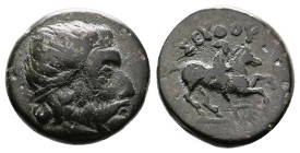 Kings of Thrace, Seuthes III, circa 330/25-295 BC. Bronze (18 mm, 6.34 g.). Seuthopolis. Laureate and bearded head of Zeus to right. Rev. ΣEYΘOY Horse...