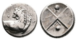 Thrace. Thracian Chersonese, circa 386-338 BC. Silver Hemidrachm (13 mm, 2.39 g.). Forepart of lion to right, head reverted to left. Rev. Quadripartit...