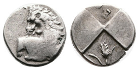 Thrace. Thracian Chersonese, circa 386-338 BC. Silver Hemidrachm (13 mm, 2.35 g.). Forepart of lion to right, head reverted to left. Rev. Quadripartit...