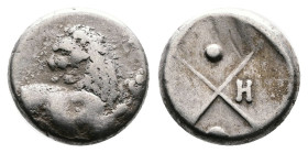 Thrace, Chersonesos, circa 386-338 BC. Silver Hemidrachm ( 12 mm, 2.35 g.). Forepart of a lion to right, his head turned back to left. Rev. Quadripart...