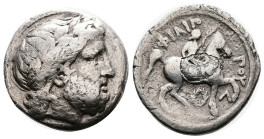 Kings of Macedon, Philip II, 356-336 BC. Silver Tetradrachm ( 25 mm, 13.91 g.). Amphipolis, circa 323-315 BC. Laureate head of Zeus right. Rev. Youth ...