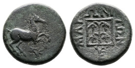 Thrace, Maroneia, circa 398-348 BC. AE (16 mm, 4.19 g.). Horse prancing right, monogram below. Rev. MAPONITΩN, four bunches of grapes in linear square...