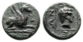Thrace, Abdera, circa 311-280 BC. Bronze ( 13 mm, 2.59 g.), uncertain magistrate. Griffin seated to right, on club right. Rev: ABΔ–HPI–TE–ΩN, Head of ...