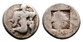 Islands off Thrace, Thasos, 500-480 BC. Silver Trihemiobol ( 11 mm, 0.91 g.). Archaic ithyphallic satyr running right, masturbating. Rev. Quadripartit...