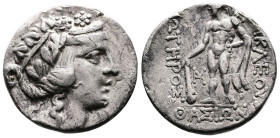 Islands off Thasos, circa 100-75 BC. Silver Tetradrachm ( mm, 14.66 g). Wreathed head of young Dionysos to right. Rev. ΗΡΑΚΛΕΟVΣ / ΣΩΤΗΡΟΣ / ΘΑΣΙΩΝ, H...