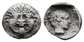 Macedon. Neapolis, circa 424-350 BC. AR Hemidrachm (13.6 mm, 1.58 g.). Facing gorgoneion with protruding tongue. Rev. Ν-Ε / [Ο-Π], head of the nymph o...