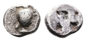 Macedon. Terone. Circa 500-490 BC. Silver 1/24 Stater ( 8 mm, 0.54 g). Oenochoe to left. Rev. Quadripartite incuse square. Very fine. HPM -. Klein -. ...