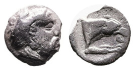 Kings of Macedon. Archelaos, 413-400/399 BC. Silver Trihemiobol ( 10 mm, 0.65 g.). Aigai mint. Bearded head of Herakles to right, wearing lion's skin ...