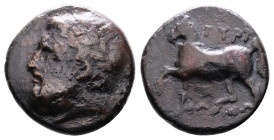 Thessaly, Gyrton, circa 400-344 BC. Bronze Trichalkon (20 mm, 7,36 g.). Laureate head of Zeus to left. Rev. ΓΥΡΤ-ΩΝΙΩΝ (partially retrograde) Horse pr...