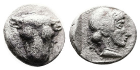 Phokis. Phokian League, circa 425-400 BC. Federal coinage. Silver Triobol (12.9 mm, 2.74 g.). Frontal bull’s head. Rev. Head of Artemis to left in inc...