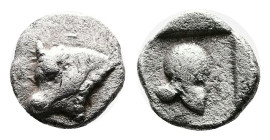 Phokis. Phokian League, circa 420-400 BC. Federal Coinage. Silver Hemiobol (7.8 mm, 0.43 g.). Bull’s head and neck to left. Rev. Corinthian helmet to ...