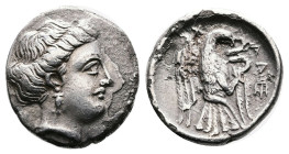 Euboea. Chalkis, circa 338-308 BC. Silver Drachm (16.2 mm, 3.35 g). Head of the nymph Chalkis to right, with an earring. Rev. X-AΛ, eagle flying upwar...