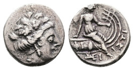 Euboia, Histiaia, 3rd.-2nd. Century BC. Silver Tetrobol ( 13 mm, 2.08 g.). Wreathed head of nymph Histiaia to right. Rev. IΣTI-AIEΩN Nymph seated righ...