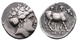 Euboea. Histiaia, circa 350-300 BC. Silver Drachm ( 15 mm, 3.22 g.). Wreathed head of the nymph Histiaia to right. Rev. IΣTI, bull standing right befo...