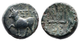 Thrace. Byzantium, circa 387 - 340 BC. Bronze ( 14 mm, 4.27 g). Bull standing left on dolphin, raising his right foreleg, above •ПY. Rev. Trident flan...