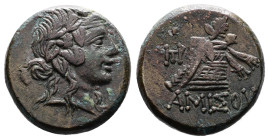 Pontos. Amisos, 85-65 BC. Bronze ( 20 mm. 8.54 g.). Head of young Dionysos right, wearing ivy wreath. Rev. Cista mystica, panther skin, diadem and thy...