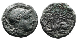 Troas, Assos. 4th-mid 3rd Century BC. Bronze ( 15 mm, 3.21 g.). Head of Athena to right, wearing crested Attic helmet. Rev. AΣΣI Griffin to left. SNG ...