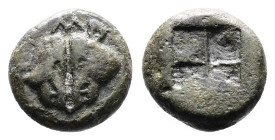 Uncertain mint. Circa 478-460 BC. Billon 1/12 Stater ( 9 mm, 1.37 g). Two boars' heads confronted. Rev. Quadripartite incuse square HGC 6, 1067. Klein...