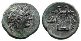 Mysia, Lampsakos, circa 3rd-1st. Century BC, Bronze ( 18 mm, 5.80 g.). Laureate head of Apollo to right. Rev. ΛΑΜ; Kithara (Lyre); in field to left, f...