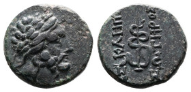 Mysia, Pergamon. Circa 200-130 BC. AE (16mm, 4.10 g.). Laureate head of Asklepios right. Rev. AΣKΛHΠIOY ΣΩTHPOΣ, serpent-entwined staff of Asklepios. ...