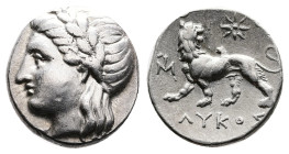 Ionia, Miletos, circa 340-325 BC. Silver Drachm ( 15 mm, 3.57 g.). Lykos, magistrate. Head of Apollo to left, wearing laurel wreath. Rev. Lion standin...