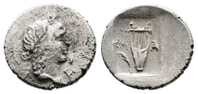 Lycian League, Masikytes. Early 30s BC. Silver Hemidrachm (14 mm, 1.65 g.). Laureate head of Apollo to right; Λ-Υ. Rev. Lyre with four strings M-A acr...