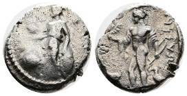 Pamphylia. Side. Ca. 360-333 BC. Silver Stater ( 22 mm, 10.50 g.). Athena standing front, head to left, holding Nike, who crowns her with a wreath, in...