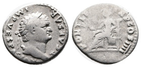 Titus, as Caesar, 69-79 AD. Silver Denarius (18 mm, 2.99 g.). Rome, 75 AD. T CAESAR IMP VESPASIAN Laureate head of Titus right. Rev. PONTIF TR P COS I...