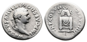 Domitian, as Caesar, 69-81 AD. Silver Denarius ( 17 mm, 2.66 g.), Rome, 81 AD. IMP CAES DOMITIANVS AVG PM Laureate head of Domitian to right. Rev. TR ...