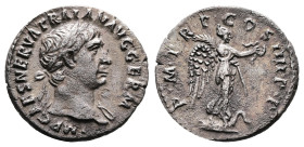 Trajan, 98-117 AD. Silver Denarius (18.5 mm, 2.74 g.). Rome, 102 AD. IMP CAES NERVA TRAIAN AVG GERM Laureate bust of Trajan to right, with slight drap...