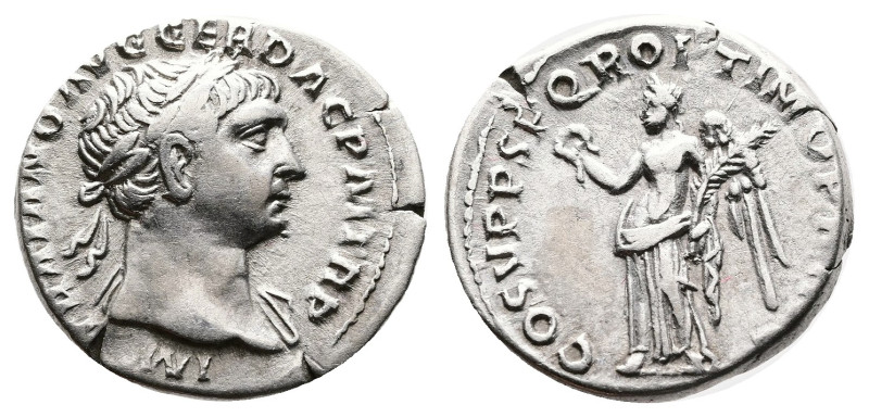 Trajan, 98-117 AD. Silver Denarius ( 18 mm, 3.41 g.), Rome, circa 107-108 AD. IM...