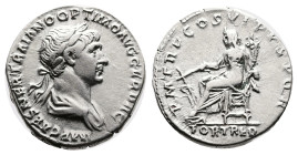 Trajan, 98-117 AD. Silver Denarius ( 18 mm, 3.22 g.). Rome, 114-116 AD. IMP CAES NER TRAIANO OPTIMO AVG GER DAC Laureate, draped and cuirassed bust of...