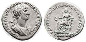 Hadrian, 117-138 AD. Silver Denarius ( 19 mm, 2.86 g.). Rome, 117 AD. IMP CAES TRAIAN HADRIAN OPT AVG GER DAC Laureate, draped and cuirassed bust of H...