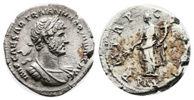 Hadrian, 117-138 AD. Silver Denarius ( 19 mm, 2.83 g.). Rome, 118 AD. IMP CAESAR TRAIAN HADRIANVS AVG Laureate and cuirassed bust of Hadrian to right....