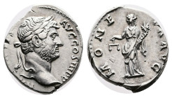 Hadrian, 117-138. Silver Denarius ( 17 mm, 3.61 g.), Rome mint, struck AD 136. HADRIANVS AVG COS III P P, bare head of Hadrian to right. Rev. MONE – T...