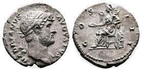 Hadrian, 117-138 AD. Silver Denarius ( 17 mm, 2.83 g.). Rome, circa 124-125 AD. HADRIANVS AVGVSTVS Laureate head of Hadrian, with slight drapery on hi...