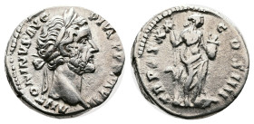 Antoninus Pius, 138-161 AD. Silver Denarius ( 17 mm, 3.54 g.), Rome, 156-157 AD. ANTONINVS AVG PIVS P P IMP II Laureate head of Antoninus Pius, to rig...