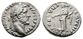 Antoninus Pius, 138-161 AD. Silver Denarius ( 17 mm, 3.34 g.), Rome 158-159 AD. ANTONINVS AVG PIVS P P TR P XXII Laureate head of Antoninus Pius to ri...