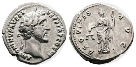 Antoninus Pius, 138-161 AD. Silver Denarius ( 17 mm, 3.36 g.), Rome, 141-143 AD. ANTONINVS AVG PI-VS P P TR P COS III, laureate head of Antoninus Pius...