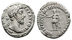 Commodus, 177-192 AD. Silver Denarius. (17 mm, 3,34 g.). Rome mint, struck 186-187 AD. M COMM ANT P FEL AVG BRIT, laureate head right. Rev. VIRTVT AVG...
