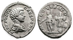 Geta, as Caesar, 198-209 AD. Silver Denarius ( 19 mm, 3.23 g.). Rome mint, 201-202 AD. P SEPT GETA - CAES PONT, bare-headed and draped bust of Geta to...